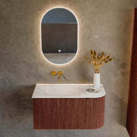 Mondiaz KURVE-DLUX Ensemble meuble de salle de bains - 85x46x40cm - 1 tiroir - 1 porte - lavabo solid surface - gauche - sans trou de robinet - Ruby SW1415910