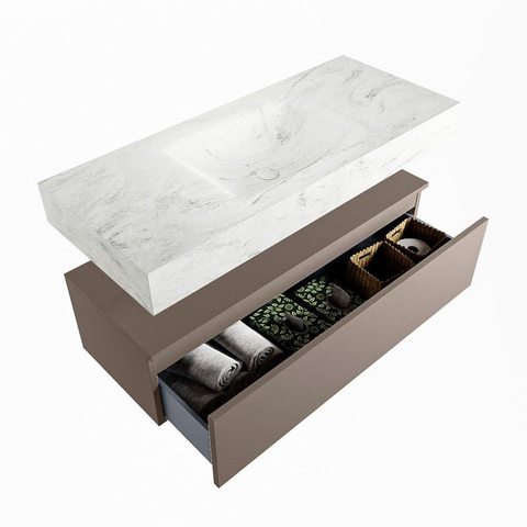 Mondiaz ALAN-DLUX Ensemble de meuble - 110cm - meuble Smoke mat - 1 tiroir - Lavabo Cloud Opalo suspendu - vasque Centre - 1 trou de robinet SW806322