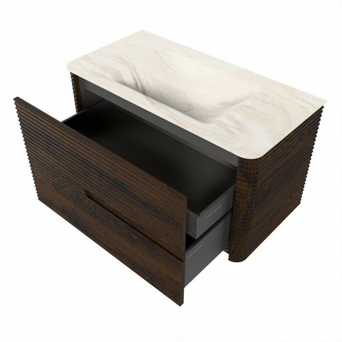 Mondiaz CIRO-DLUX Ensemble de meubles de salle de bains - 90x45x50cm - lavabo solid surface Ostra - 1 vasque au milieu - sans trous de robinet - 2 tiroirs - Noyer SW1530336