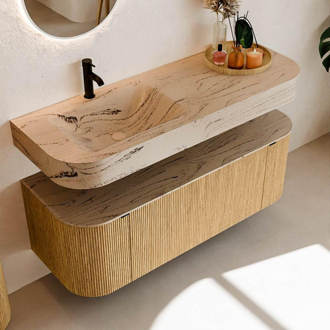 MONDIAZ THOR-DLUX 130cm meuble de salle de bains arrondi gauche + droite couleur Oak avec 1 tiroir et 2 portes. Vasque suspendue CLOUD Gauche 1 trou de robinet couleur Arena. SW1463753