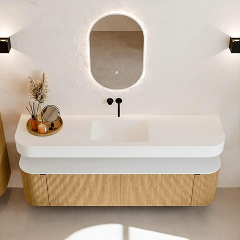 MONDIAZ THOR 180cm meuble de salle de bains arrondi gauche + droite couleur Oak avec 2 tiroirs et 2 portes. Vasque suspendue CLOUD Milieu sans trou de robinet couleur Talc. SW1465902