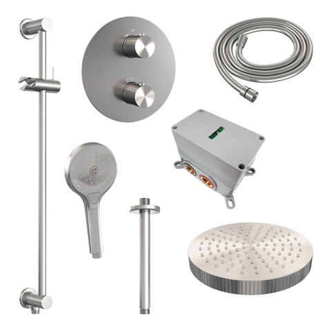 BRAUER Stripe Thermostatische Inbouw Regendouche - 3-weg - rond - 25cm douchekop - plafondarm - 3-standen handdouche - doucheslang - geïntegreerde glijstang - RVS-kleurig geborsteld PVD SW1435244