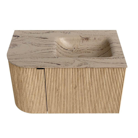 MONDIAZ KURVE-DLUX Meuble de salle de bains 75 cm arrondi à gauche couleur Chêne avec 1 tiroir et 1 porte. Lavabo GRUNNE à droite 1 trou de robinet Arena. SW1431072