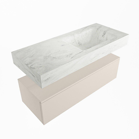 Mondiaz ALAN-DLUX Ensemble de meuble - 110cm - meuble Linen mat - 1 tiroir - Lavabo Cloud Opalo suspendu - vasque Droite - 0 trous de robinet SW806500
