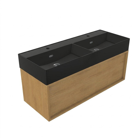 Saniclass Holz Frame Badkamermeubelset - 120x45x52cm - Legend keramische wastafel mat zwart - 2 wasbakken - zonder kraangaten - 1 lade - mat eiken natural (hout) SW1579683