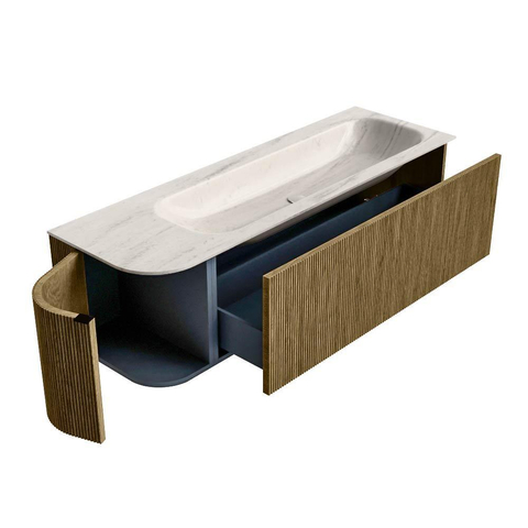 MONDIAZ KURVE-DLUX Meuble de salle de bains 145cm arrondi à gauche couleur Dusk avec 1 tiroir et 1 porte. Lavabo BIG LARGE à droite 2 trous de robinet Meli. SW1431904