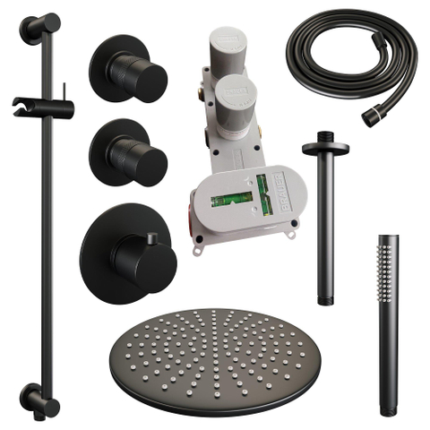 Brauer Black Edition Ensemble de douche pluie encastré - douche principale 30cm - bras plafond 20cm - 3 boutons lisses - douchette à main 1 fonction - noir mat SW486512