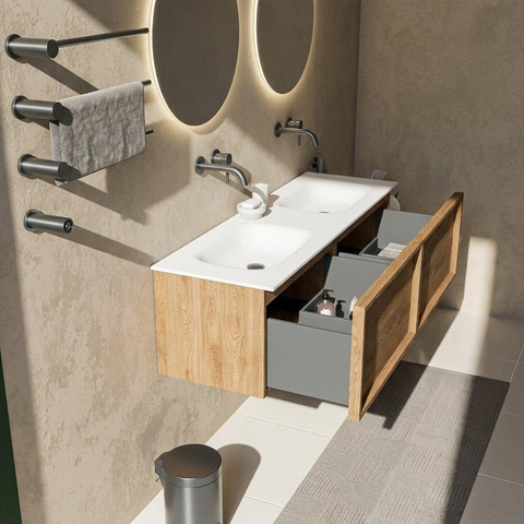 Saniclass Holz Frame Badkamermeubelset - 140x45x41.5cm - Flow solid surface wastafel wit - 2 wasbakken - zonder kraangaten - 2 lades - mat eiken natural (hout) SW1478432