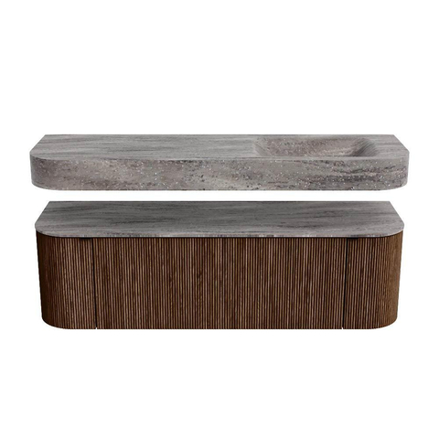 MONDIAZ THOR-DLUX 150cm badmeubel ronding links + rechts kleur Walnut met 1 lade en 2 deuren. Vrijhangende wastafel CLOUD Rechts 1 kraangat kleur Oza. SW1464833