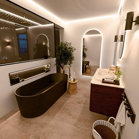 Mondiaz CIRO-DLUX Meuble de salle de bains - 120x45x50cm - Plan vasque solid surface Frappe - 1 lavabo à gauche - 1 trou de robinet - 2 tiroirs - Ruby SW1531289