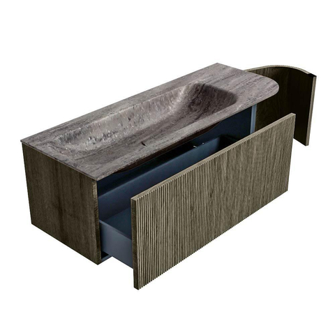 MONDIAZ KURVE-DLUX Meuble de salle de bains 125cm arrondi à droite couleur Shadow avec 1 tiroir et 1 porte. Lavabo BIG MEDIUM à gauche sans trou de robinet Oza. SW1432888