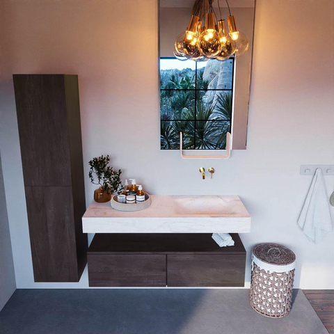 Mondiaz ALAN-DLUX Ensemble de meuble de salle de bain - 130x46cm - 2 tiroirs - vasque suspendue - sans trous de robinetterie - 2 à droite - Dark Brown (chêne foncé) SW1159443