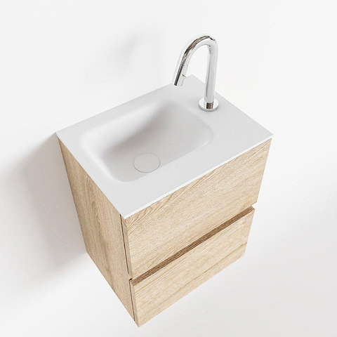 MONDIAZ ADA Toiletmeubel 40x30x50cm met 1 kraangaten 2 lades washed oak mat Wastafel Lex rechts Solid Surface Wit SW472759
