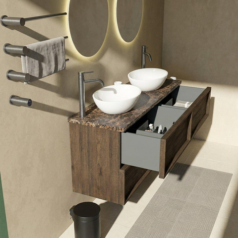 Saniclass Holz Frame Badkamermeubelset - 140x45x63cm - Noche natuurstenen topblad dark emperador - 2 kraangaten - 4 lades - mat eiken charcoal (hout) SW1579952