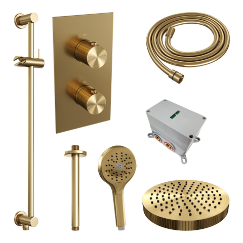 BRAUER Stripe Thermostatische Inbouw Regendouche - 3-weg - rechthoekig - 25cm douchekop - plafondarm - 3-standen handdouche - doucheslang - geïntegreerde glijstang - goud geborsteld PVD SW1435198