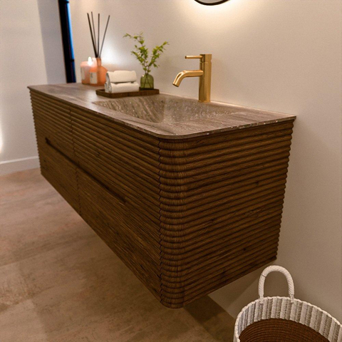 Mondiaz CIRO-DLUX Badkamermeubelset - 140x45x50cm - Solid surface wastafel Oza - 1 wasbak Rechts - 1 kraangat - 4 lades - Dusk SW1533283