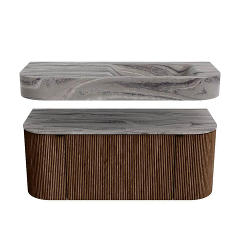 MONDIAZ THOR-DLUX Meuble de salle de bains - 110cm - arrondi gauche + droite - couleur Walnut - 1 tiroir et 2 portes - Vasque suspendue CLOUD Droite 1 trou de robinet - couleur Sombra SW1463036