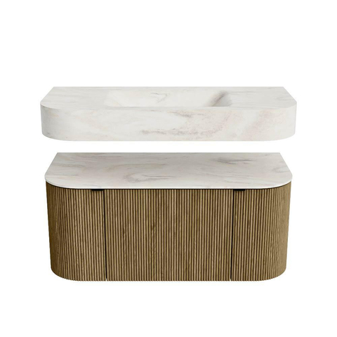 MONDIAZ THOR-DLUX 100cm meuble de salle de bains arrondi gauche + droite couleur Dusk avec 1 tiroir et 2 portes. Vasque suspendue CLOUD Milieu 1 trou de robinet couleur Ostra. SW1467354