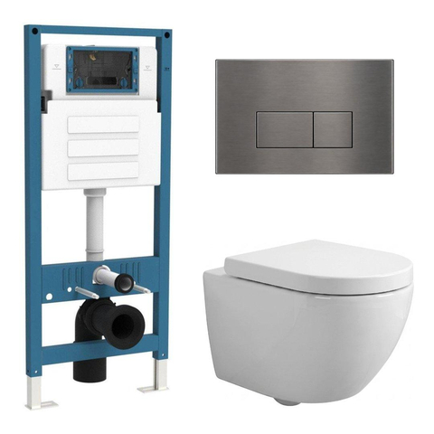 QeramiQ Dely Swirl Compact Toiletset - inbouwreservoir QeramiQ flush - 25mm zitting - metalen bedieningsplaat messing geborsteld (goud) - rechthoekige knoppen - glans wit SW1590610