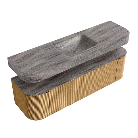 MONDIAZ THOR-DLUX 160cm meuble de salle de bains arrondi gauche + droite couleur Oak avec 1 tiroir et 2 portes. Vasque suspendue CLOUD Milieu sans trou de robinet couleur Oza. SW1465278