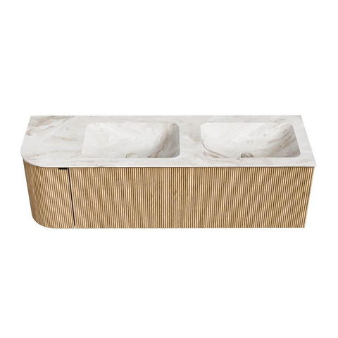 MONDIAZ KURVE-DLUX Meuble de salle de bains 145 cm avec module 25 L couleur Oak avec 1 tiroir et 1 porte. Lavabo LEAF double / droite 2 trous de robinet couleur Frappe. SW1137366