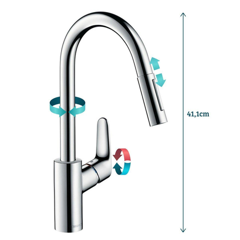 Hansgrohe Focus m41 Eengreeps keukenmengkraan - 240 met uittrekbare vuistdouche - 2 straalsoorten - hoogglans chroom GA69755