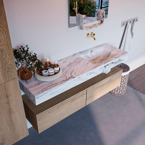 Mondiaz ALAN-DLUX Ensemble de meuble - 150cm - meuble Washed Oak mat - 2 tiroirs - Lavabo Cloud Glace suspendu - vasque Droite - 0 trous de robinet SW808690