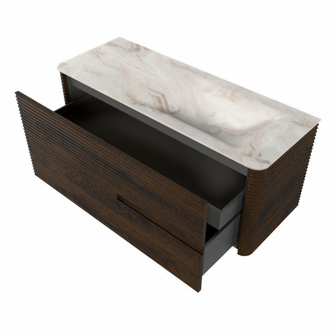 Mondiaz CIRO-DLUX Badkamermeubelset - 120x45x50cm - Solid surface wastafel Frappe - 1 wasbak Rechts - zonder kraangaten - 2 lades - Walnut SW1530288