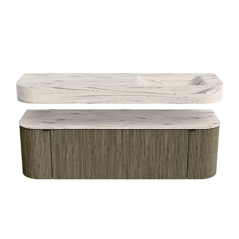 MONDIAZ THOR-DLUX 150cm meuble de salle de bains arrondi gauche + droite couleur Shadow avec 1 tiroir et 2 portes. Vasque suspendue CLOUD Droite sans trou de robinet couleur Nata. SW1464832