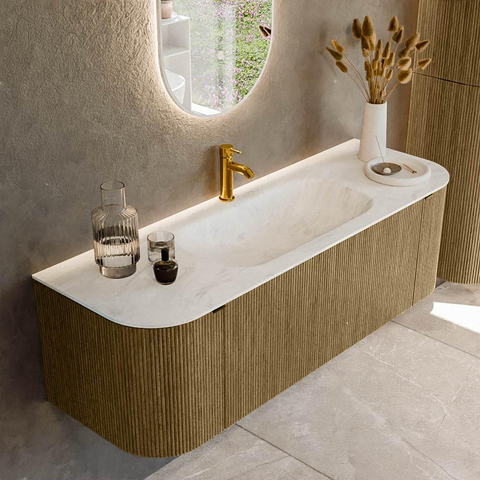 Mondiaz KURVE-DLUX Ensemble de meuble de salle de bains - 140x46x40cm - 1 tiroir - 2 portes - lavabo solid surface - central - 1 trou de robinet - Dusk SW1415072