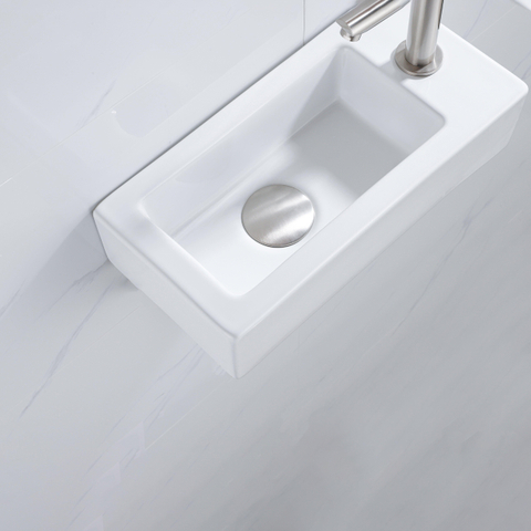 QeramiQ Fuente pack lave-mains – 37,5 x 18,5 x 9 cm – céramique blanc brillant – perçage à droite – robinet inox brossé SW1232744