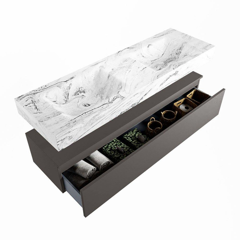 Mondiaz ALAN-DLUX Ensemble de meuble - 150cm - meuble Dark grey mat - 1 tiroir - Lavabo Cloud Glace suspendu - vasque Gauche et droite - 2 trous de robinet SW805615