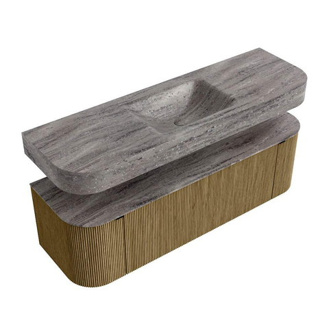 MONDIAZ THOR-DLUX 150cm meuble de salle de bains arrondi gauche + droite couleur Dusk avec 1 tiroir et 2 portes. Vasque suspendue CLOUD Milieu 1 trou de robinet couleur Oza. SW1464869