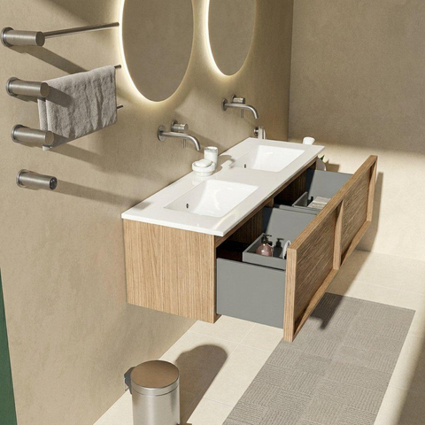 Saniclass Holz Frame Ensemble meuble de salle de bains - 140x45x42cm - lavabo Vygo en céramique blanc - 2 cuves - sans trous de robinetterie - 2 tiroirs - chêne naturel brillant (bois) SW1437760