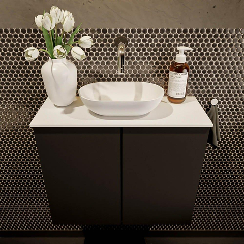 Mondiaz Fowy Meuble de toilette - 60x50x23cm - mat urbain - 0 trous de robinet - lavabo centré - 2 portes - solid surface - plan MDF - lavabo : blanc SW760865