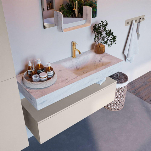 Mondiaz ALAN-DLUX Ensemble de meuble - 110cm - meuble Linen mat - 1 tiroir - Lavabo Cloud Opalo suspendu - vasque Droite - 1 trou de robinet SW806508