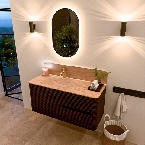 Mondiaz CIRO-DLUX Meuble de salle de bains - 110x45x50cm - Plan vasque Solid surface Saba - 1 vasque à gauche - 1 trou de robinet - 2 tiroirs - Noyer SW1530664
