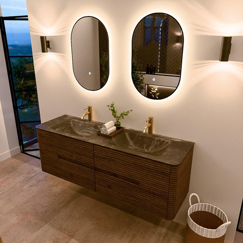 Mondiaz CIRO-DLUX Badkamermeubelset - 150x45x50cm - Solid surface wastafel Lava - 2 wasbak Dubbel - 2 kraangaten - 4 lades - Dusk SW1533045