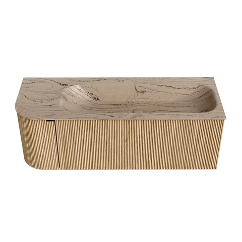 MONDIAZ KURVE-DLUX Meuble de salle de bains 125cm arrondi à gauche couleur Chêne avec 1 tiroir et 1 porte. Lavabo BIG MEDIUM à droite sans trou de robinet Arena. SW1431098