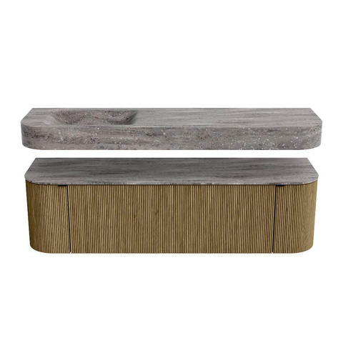 MONDIAZ THOR-DLUX Meuble de salle de bains 160cm arrondi gauche + droite couleur Dusk avec 1 tiroir et 2 portes. Vasque suspendue CLOUD Gauche 1 trou de robinet couleur Oza. SW1465310