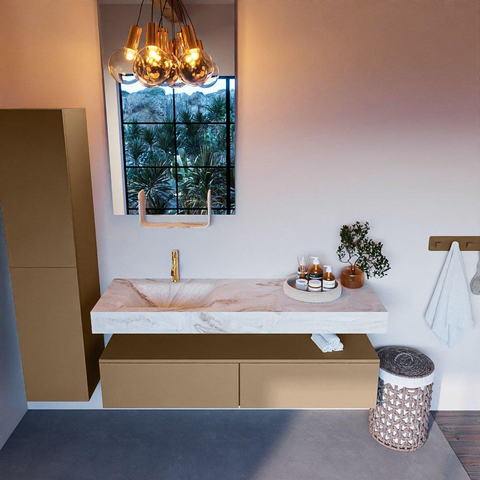 Mondiaz ALAN-DLUX Ensemble de meuble - 150cm - meuble Oro mat - 2 tiroirs - Lavabo Cloud Frappe suspendu - vasque Gauche - 1 trou de robinet SW805118