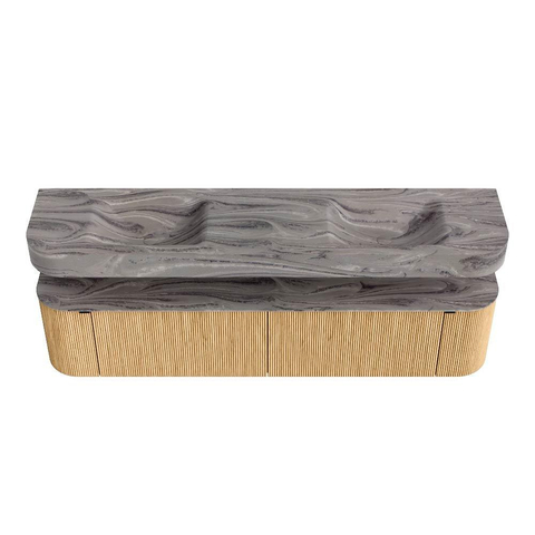 MONDIAZ THOR-DLUX 200cm meuble de salle de bains arrondi gauche + droite couleur Oak avec 2 tiroirs et 2 portes. Vasque suspendue CLOUD Double 2 trous de robinet couleur Sombra. SW1467255