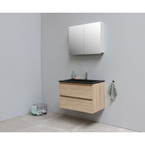 Basic Bella Meuble salle de bains avec lavabo acrylique Noir avec armoire toilette 2 portes gris 80x55x46cm 1 trou de robinet Chêne SW491901