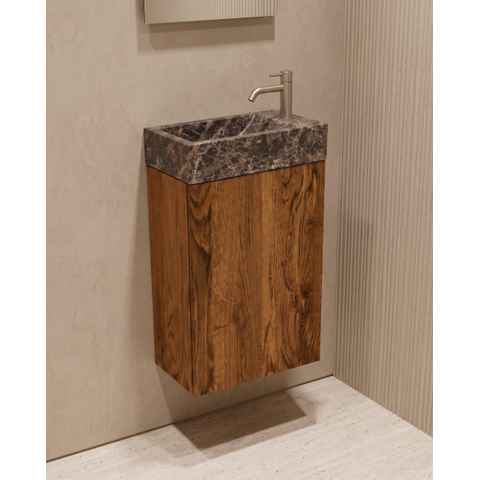 Saniclass Holz Pure Ensemble meuble WC - 40x60.5cm - 1 porte - lave-mains dark emporador - trou de robinet à droite - walnut pure SW1577762