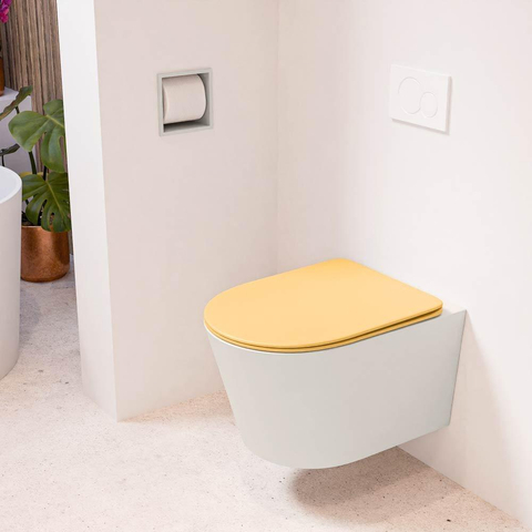 Mondiaz LAVIE hangtoilet – spoelrandloos – 36 x 53 cm – met softclose zitting – Linen (offwhite), zitting Ocher (geel) SW1208666