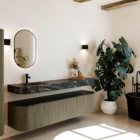 MONDIAZ THOR-DLUX 190cm meuble de salle de bains arrondi gauche + droite couleur Shadow avec 2 tiroirs et 2 portes. Vasque suspendue CLOUD Gauche 1 trou de robinet couleur Lava. SW1466628