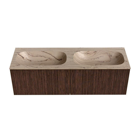 MONDIAZ KURVE-DLUX 140cm badmeubel kleur Walnut met 2 lades en 0 deuren. Wastafel STOR SMALL Dubbel 2 kraangaten Arena. SW1431276