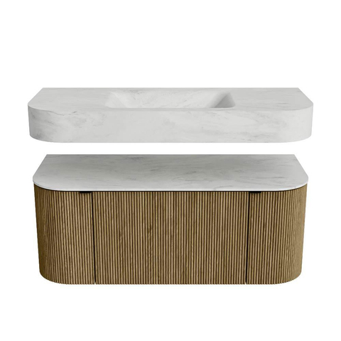 MONDIAZ THOR-DLUX Meuble de salle de bains - 110cm - arrondi gauche + droite - couleur Dusk - 1 tiroir - 2 portes - Vasque suspendue CLOUD Milieu 1 trou de robinet - couleur Opalo SW1462821