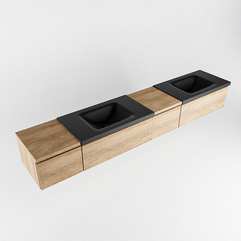 MONDIAZ BUKLA 240cm ensemble de meuble avec module 40 à droite couleur Chêne blanchi avec 4 tiroirs. Lavabo CLOUD double 0 trou de robinet couleur Urbaine. SW1382264