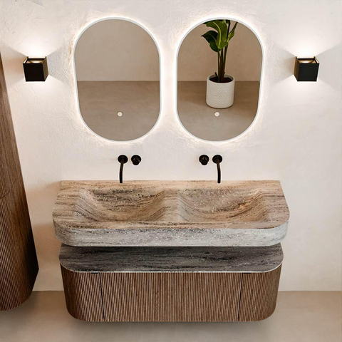 MONDIAZ THOR-DLUX 130cm meuble de salle de bains arrondi gauche + droite couleur Walnut avec 1 tiroir et 2 portes. Vasque suspendue CLOUD Double sans trou de robinet couleur Oza. SW1463997